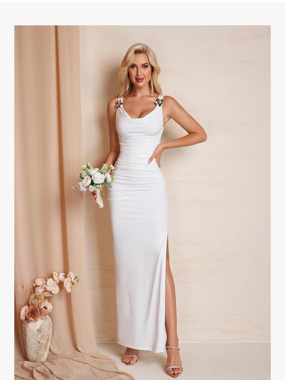 Elegant White Ruched Maxi Dress with Shoulder Accent - Picture 4 of 6